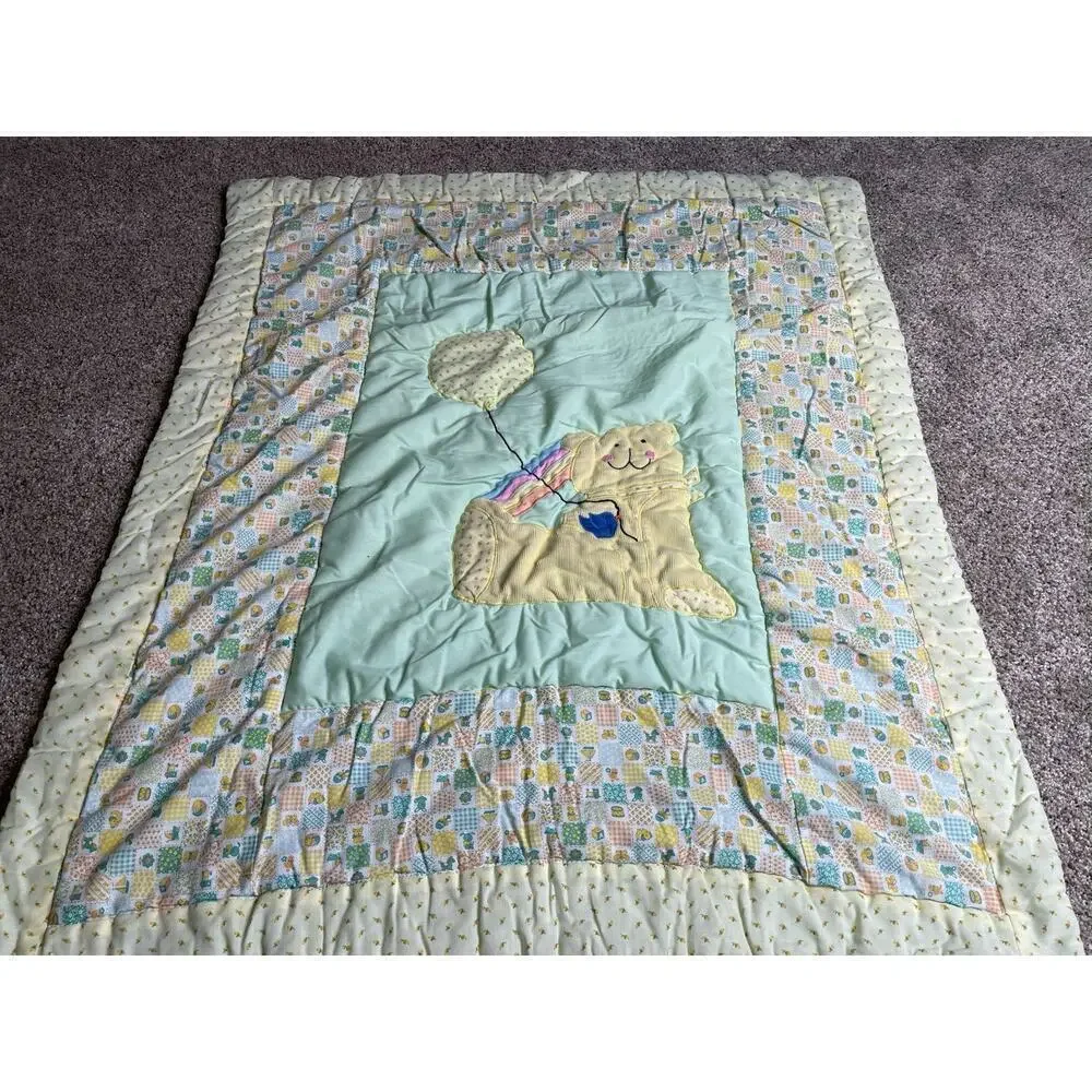 Vintage Corduroy Teddy Bear Balloons Baby Quilt Blanket Nursery Pastel 37 X 32in